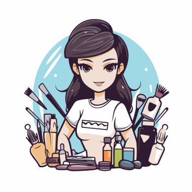 Kozmetikleri olan güzel bir kız. Düz bir şekilde vektör illüstrasyonu.
