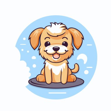 Uçan dairede oturan sevimli çizgi film köpeği. Vektör illüstrasyonu.