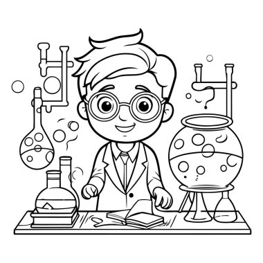 Laboratuvardaki bilim adamı. Boyama kitabı için siyah ve beyaz vektör çizimi.