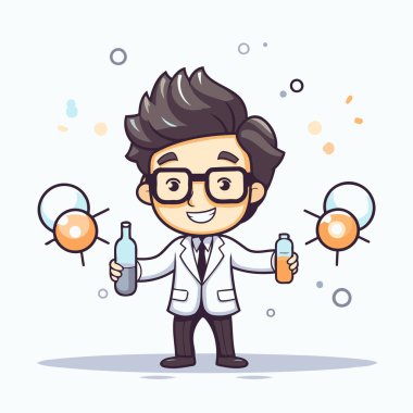 Bir şişe su tutan bir bilim adamı. Vektör çizgi film karakteri çizimi.