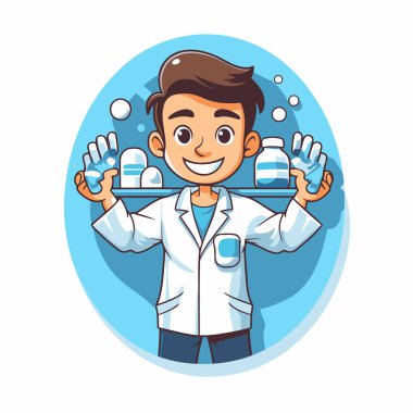 Laboratuvar önlüklü, elinde sabun şişeleri olan sevimli çizgi film çocuğu. Vektör illüstrasyonu.