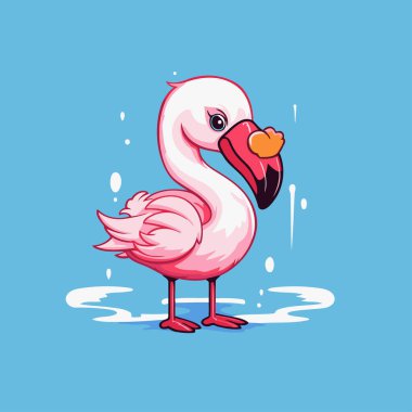 Flamingo. Mavi arka planda izole edilmiş sevimli pembe flamingonun vektör çizimi.