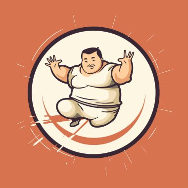 Sumo güreşçisi daireler çiziyor. Retro biçiminde vektör illüstrasyonu.