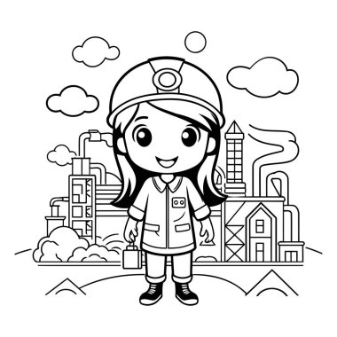 İtfaiyeci üniforması içinde şirin küçük bir kız. Siyah ve beyaz vektör çizimi.