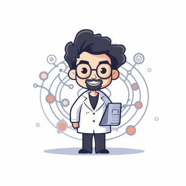 Beyaz arka planda çizgi film bilim adamı karakterinin vektör çizimi. Vektör illüstrasyonu.