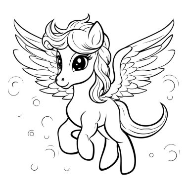 Tek boynuzlu at. Boyama kitabı için siyah ve beyaz vektör çizimi.