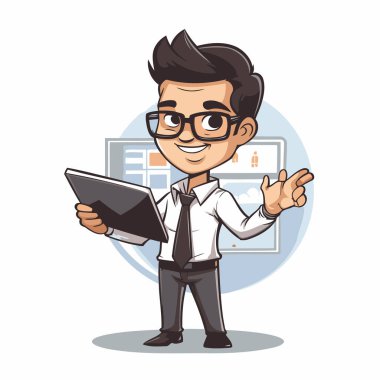 Bir iş adamı elinde tablet bir bilgisayar tutuyor ve parmağını işaret ediyor. Vektör illüstrasyonu.