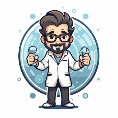 Bir büyüteç tutan bilim adamı. Çizgi film tarzında vektör illüstrasyonu.