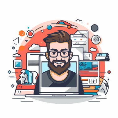 Sakallı hippi dizüstü bilgisayarla çalışıyor. Vektör illüstrasyonu.