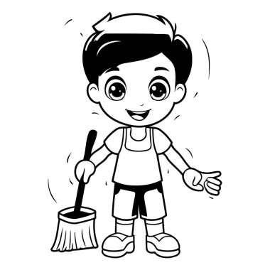 Süpürge izole vektör çizimi grafik tasarımı ile şirin çocuk çizgi filmi temizliği.