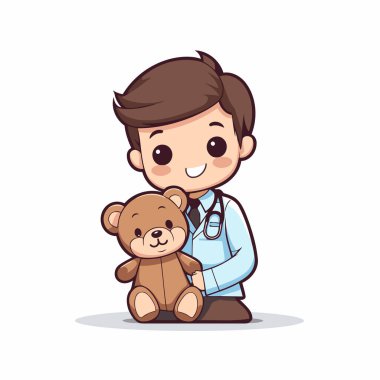Oyuncak ayıyla sevimli bir karikatür doktorunun vektör çizimi..