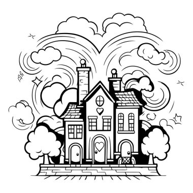Bacadan çıkan dumanlı bir evin siyah beyaz çizimi.