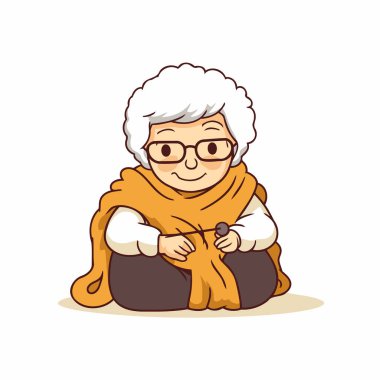 Büyükannem elinde örgü iğneleriyle yerde oturuyor. Vektör illüstrasyonu.