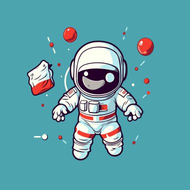Kırmızı topları olan uzay giysili bir astronot. Vektör illüstrasyonu.