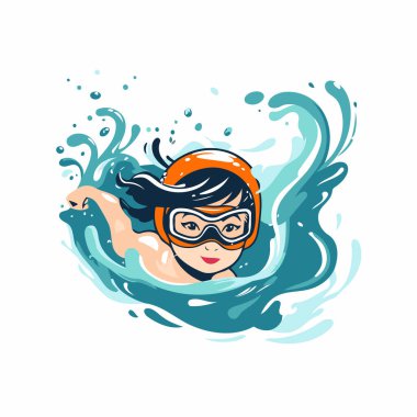 Suda yüzen dalgıç maskeli bir kızın vektör çizimi.