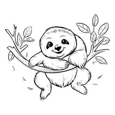 Ağaç dalında asılı şirin bir çizgi film tembel hayvanı. Siyah ve beyaz vektör çizimi.