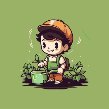 Bahçede bitkileri sulayan sevimli küçük bir çocuk. Vektör illüstrasyonu.