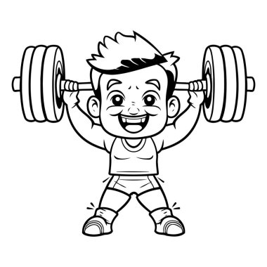 Çizgi filmdeki küçük çocuk halter kaldırıyor. Vektör klibi resim çizimi.