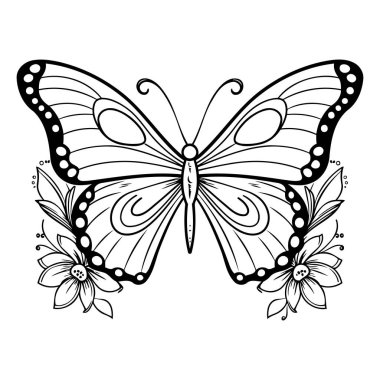 Çiçekli kelebek. Boyama kitabı için siyah ve beyaz vektör çizimi.