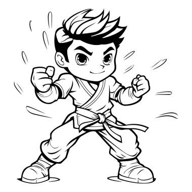 Kung fu çocuğu - Siyah ve Beyaz Çizgi Film İllüstrasyonu. Vektör