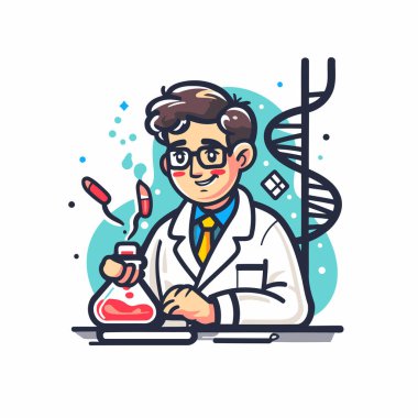 Laboratuvarda çalışan bir bilim adamı. Çizgi film tarzında vektör illüstrasyonu.