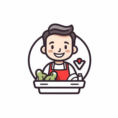 Lavaboda sebze yıkayan bir adam. Vektör çizimi. Düz tasarım.