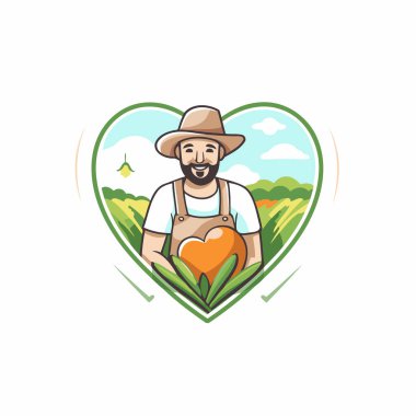 Kalp şeklinde havucu olan bir çiftçi. Vektör illüstrasyonu.