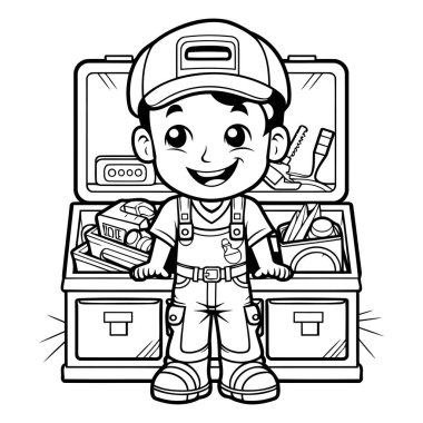 Küçük Çocuk Yapıcı 'nın Siyah ve Beyaz Çizgi Filmi ya da Boyama Kitabı için Araç Kutuları ile Tamirci Karakteri