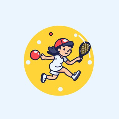 Tenis oynayan küçük kız. Düz bir şekilde vektör illüstrasyonu. Spor konsepti.
