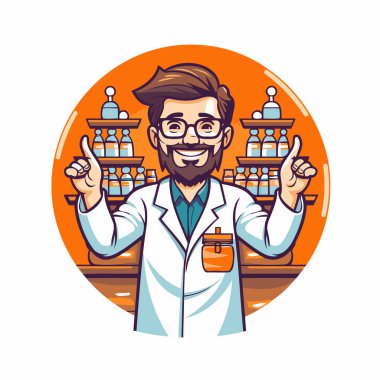 Eczacı çizgi film karakteri. Laboratuvar önlüğü ve gözlüklü bir eczacının vektör çizimi.