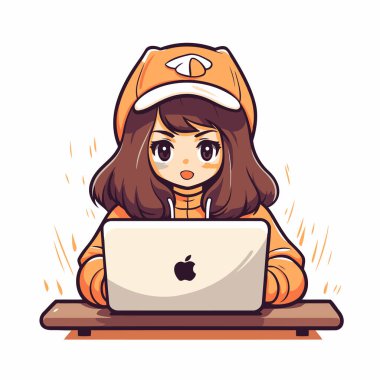 Dizüstü bilgisayarı olan şirin bir kız. Çizgi film tarzında vektör illüstrasyonu.