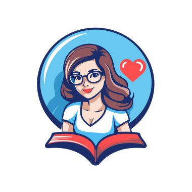 Arka planda kalbi olan bir kitap okuyan bir bayan öğretmenin vektör çizimi