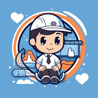 Şapkalı ve kaykaylı şirin bir çocuk. Vektör illüstrasyonu.