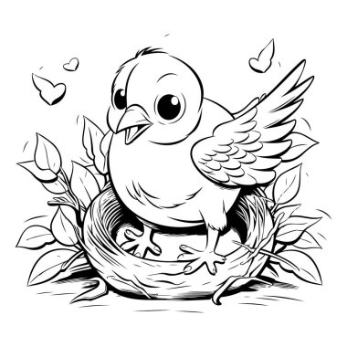 Yuvadaki kuş. Boyama kitabı için siyah ve beyaz vektör çizimi.