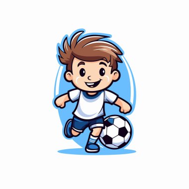 Küçük çocuk futbol çizgi filminde vektör çizimi yapıyor. Çizgi film futbolcusu karakter tasarımı.