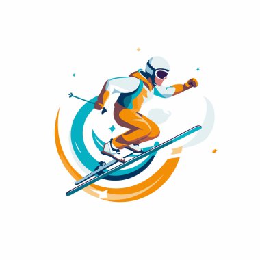 Kasklı ve gözlüklü kayakçı. Ekstrem spor vektörü illüstrasyonu.