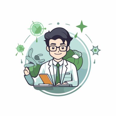 Bilim adamı çizgi film karakteri. Düz bir tarzda bir bilim adamının vektör çizimi.