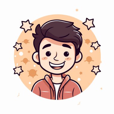 Etrafında yıldızlar olan sevimli çocuk çizgi film çizimi. Vektör illüstrasyonu.