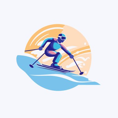 Kayak yapan kayakçı. Kış sporu temsilciliği. Düz tasarım.
