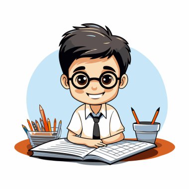 Beyaz arka planda, kitap ve kalemlerle dolu bir erkek öğrenci. vektör illüstrasyonu