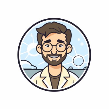 Sakallı ve gözlüklü genç bir adam daire çiziyor. Vektör illüstrasyonu.