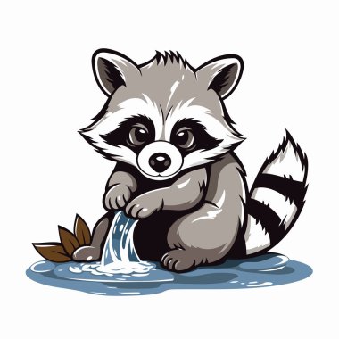 Tatlı rakun çeşmeden su içiyor. Vektör illüstrasyonu.