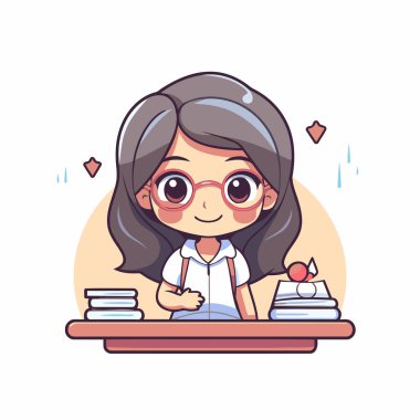 Ev ödevi yapan küçük tatlı bir kız öğrenci. Çizgi film tarzında vektör illüstrasyonu.