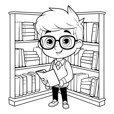 Kütüphanede kitap okuyan gözlüklü bir çocuk. siyah ve beyaz vektör çizimi.