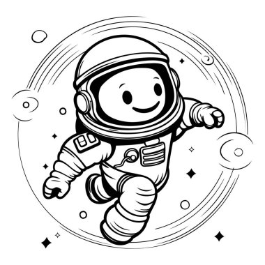 Uzayda uçan bir astronot. siyah ve beyaz vektör çizimi