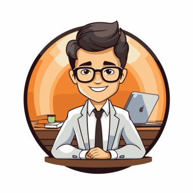 Ofis vektör çiziminde dizüstü bilgisayarı ve kahve fincanı olan iş adamı karikatürü grafik tasarımı