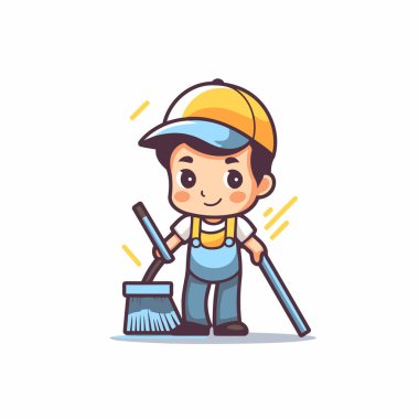 Evi temizleyen sevimli çizgi film çocuğu. Temizlik konsepti. Vektör illüstrasyonu