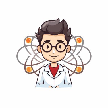 Beyaz arka planda atom vektörü illüstrasyonu olan bilim adamı çocuk çizgi film karakteri