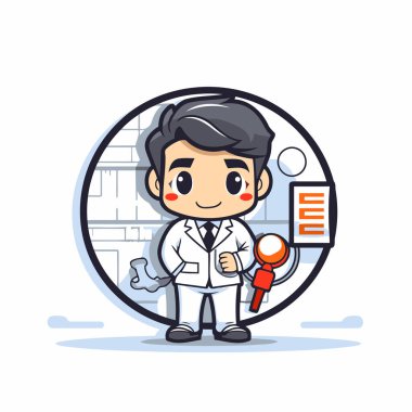 Laboratuvar önlüklü bir bilim adamı elinde büyüteç tutuyor. Vektör illüstrasyonu.