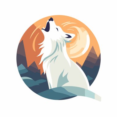 Dağın ortasında oturan beyaz bir köpeğin vektör çizimi.